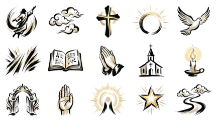 Fototapeta premium A collection of 15 religious and spiritual icons, including a dove, cross, praying hands, church, and Bible, rendered in a black and gold brushstroke style.