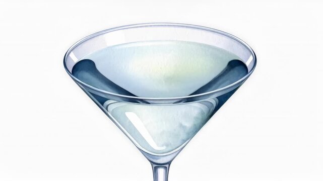 Hand painted watercolor martini glass showing concentric ripples in refreshing blue cocktail over white background