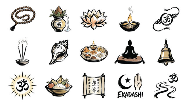 A collection of religious and cultural symbols from various faiths and traditions, including Hindu, Buddhist, and Islamic iconography.