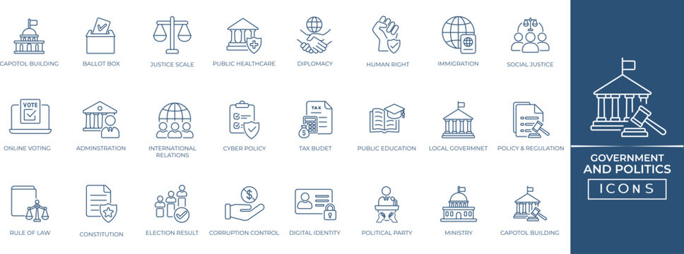Government and Politics line icon set for democracy, voting, election, legislation, diplomacy, authority, civil rights, and law symbols. Perfect line icon collection.