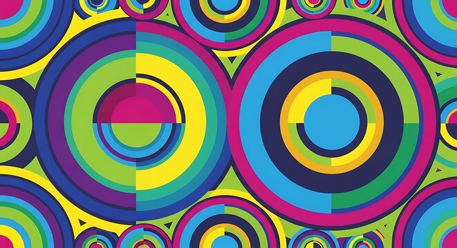 A vibrant digital background pattern featuring a series of colorful concentric circular shapes
