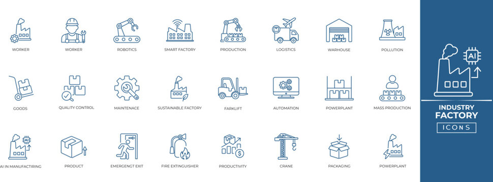 Factory and industrial production line icon set. Distribution, Machinery, Engineering, Logistic, Maintenance, Warehouse logistics, automation and more. Outline icon collection