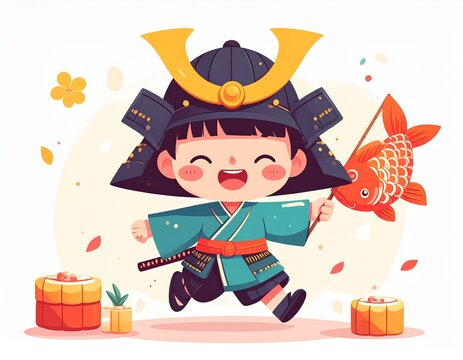端午の節句 兜の男の子と鯉のぼり 春イラスト
