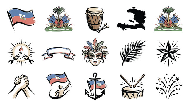 Collection of Haitian cultural symbols and icons, including flags, maps, musical instruments, and festive elements.
