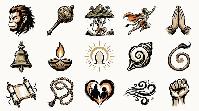 A collection of 15 diverse Hindu religious and cultural icons, including deities, symbols, and objects, presented in a stylized, illustrative format.
