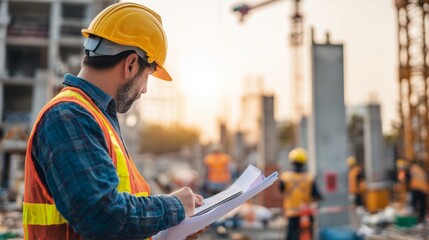 Fototapeta premium Engineer reviewing architectural plans overseeing workers on a construction site with copy space