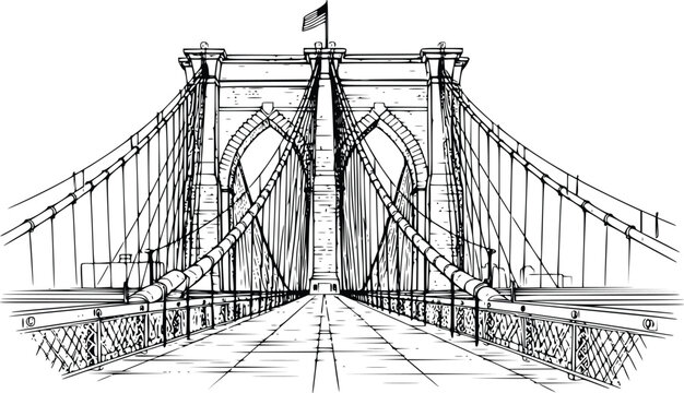 Hand-drawn Brooklyn Bridge vector illustration, detailed New York landmark sketch