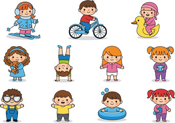 Fototapeta premium Cute Cartoon Kids Collection with Different Activities, Cycling, Swimming, Skiing and Playing, Fun Children Illustration Set