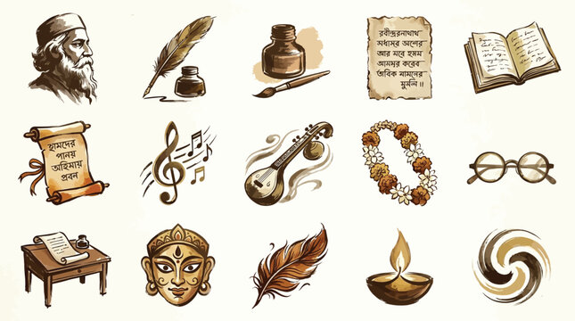 A collection of artistic illustrations representing Bengali culture, literature, and heritage, featuring iconic symbols and figures.
