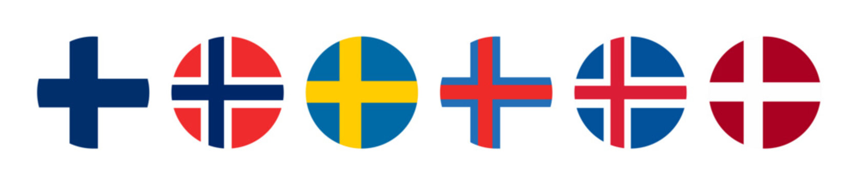 Minimal vector-style set of circular national flags representing Nordic and Scandinavian countries including Finland, Norway, Sweden, Iceland, Denmark, and Faroe Islands.