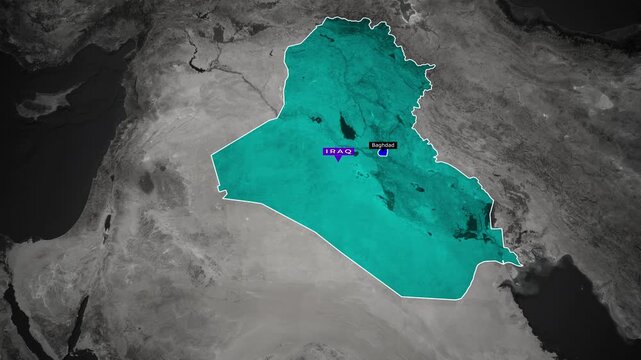 Iraq country High quality Map animation with 4K high Quality 60fps zoom in view capital city highlighted and world map in the background