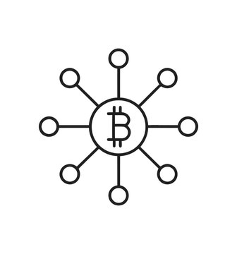 Vector featuring a bitcoin symbol at the center of a network diagram with interconnected nodes