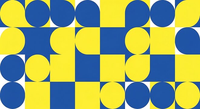 A vibrant geometric pattern featuring a repetitive grid of interlocking blue and yellow shapes