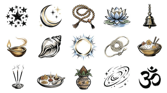 A collection of 15 diverse Hindu religious and spiritual symbols, including a diya, conch shell, lotus, Om symbol, and mala beads.