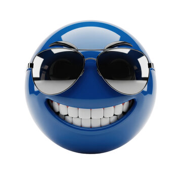 Macro 3d rendering of a glossy deep cerulean blue emoji face with a wide grin and dark mirrored aviator sunglasses, isolated on a transparent background. Concept of digital confidence and swagger