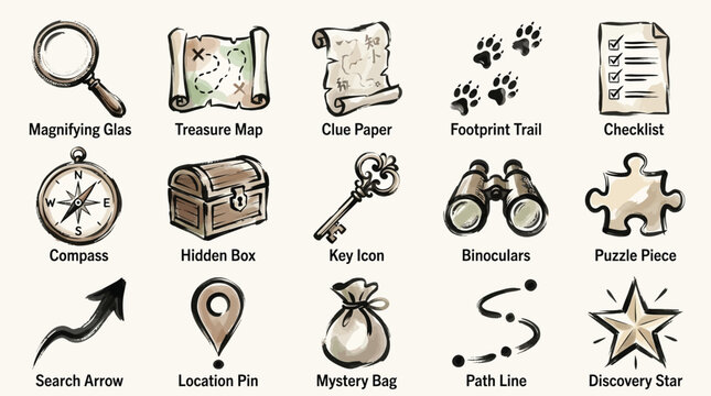 A collection of hand-drawn icons representing elements of a treasure hunt or adventure, including a magnifying glass, treasure map, compass, key, binoculars, and puzzle pieces.