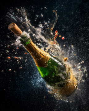 Dramatic action shot of a champagne bottle exploding with bubbles and liquid splashes against a dark background, featuring a flying cork and golden light reflections