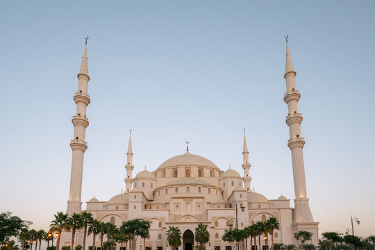 Sheikh Zayed Mosque in Fujairah, United Arab Emirates, the second largest mosque in the UAE, featuring grand white domes and tall minarets at dusk.