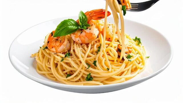Shrimp pasta on white plate.