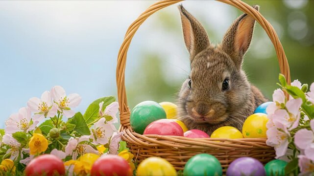 adorable bunny sitting in basket with colorful eggs and spring flowers for warm easter celebration concept