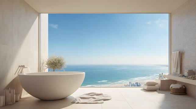 Luxurious Bathroom with Ocean View Bathtub and Modern Design.