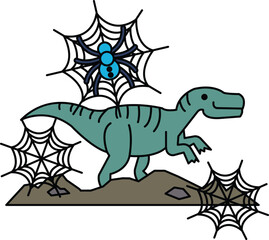 Fototapeta premium Dinosaur stands beside giant spiderwebs