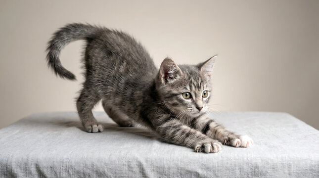Adorable young grey tabby kitten stretching gracefully on a plain light background, an endearing domestic pet portrait capturing playful curiosity and natural feline elegance for various designs.