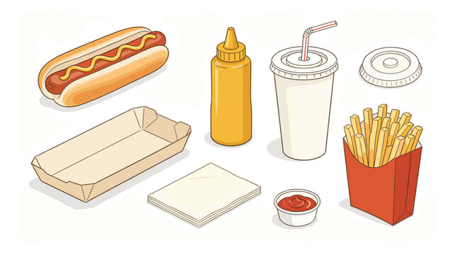 set elements various food and beverage collection featuring classic fast food items a delicious hot dog, golden french fries, a soda drink, and essential condiments