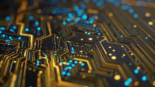 黄金色に輝くデジタル回路基板のクローズアップ
