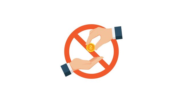 4K animation of a coin being passed between hands over a red prohibition sign, representing anti-bribery, corruption prevention, ethics, financial compliance, illegal payment ban.