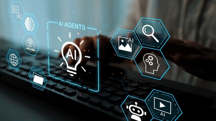 Fototapeta premium Futuristic Concept of Artificial Intelligence with AI Agents and Digital Innovation Representations on a Keyboard Setting Gluon.