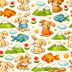 Obraz premium Seamless pattern of cute hand-drawn rabbits, colorful fish, and mountains in a charming crayon style