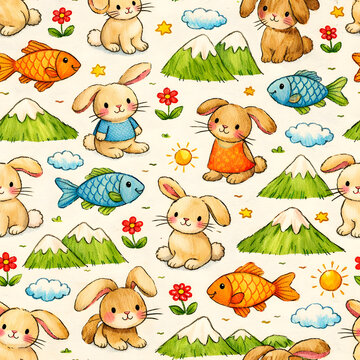 Seamless pattern of cute hand-drawn rabbits, colorful fish, and mountains in a charming crayon style