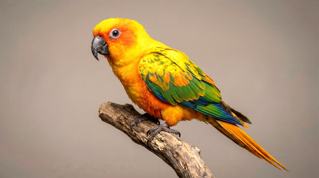 Vibrant tropical Sun Conure parrot perched on rough wooden branch against a neutral studio background showcasing bright colors and detail.