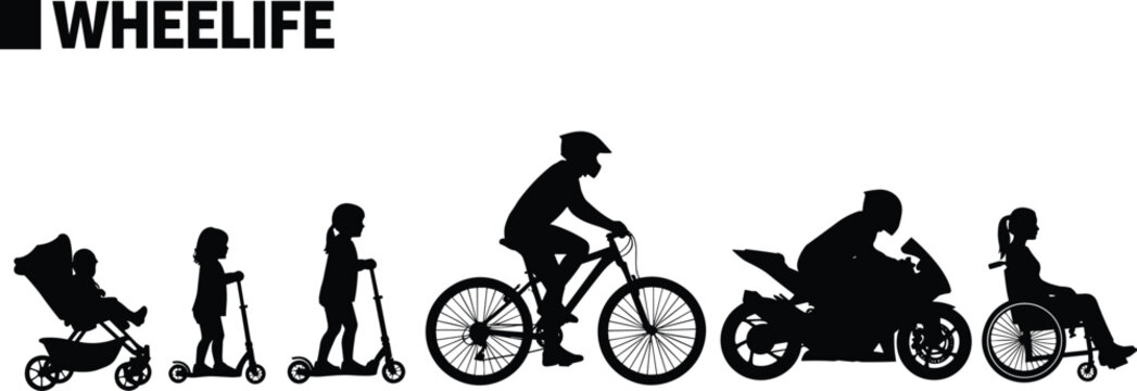 Black and white of various modes of personal transportation and travel bicycle skateboard scooter