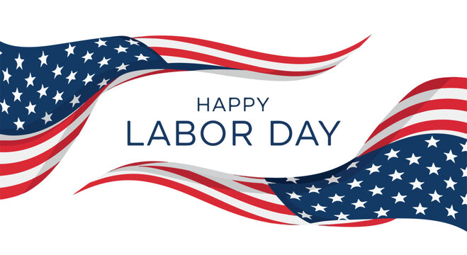 American flag ribbons with 'Happy Labor Day' text on white background, patriotic design elements.