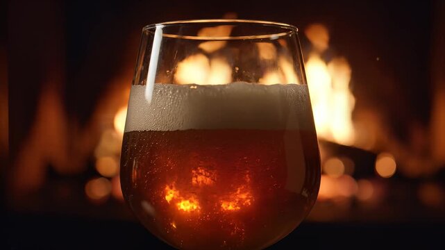 Amber Elixir and Hearth Glow: A close-up showcases a crystal glass brimming with amber ale, set against the warm, inviting backdrop of a crackling fireplace, promising comfort and indulgence.