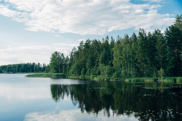 Obraz premium Serene Wilderness Lake with Mirror-Like Reflections, Untouched Alpine Water Surrounded by Dense Pine Forest in Soft Natural Light