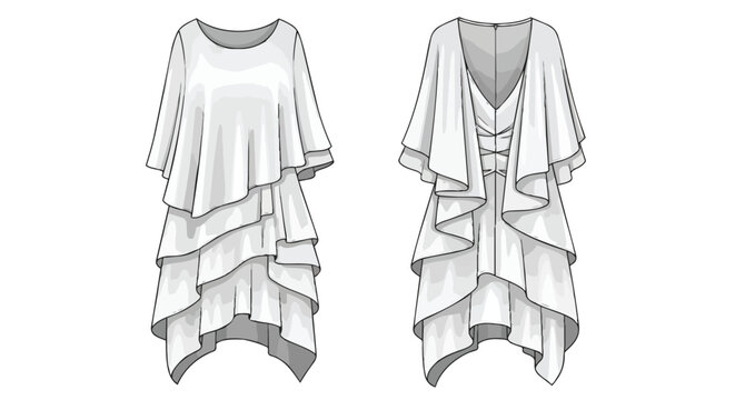 Fashion flat sketch showcasing a graceful layered tunic dress design with cascading ruffles from front to back an elegant apparel illustration for
