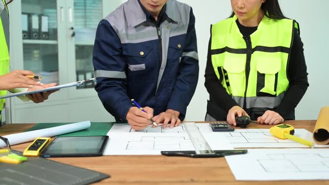 Engineer desk with object paper and tablet with blurry engineer teamwork hardworking to consults about their building project.