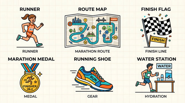 Running Marathon Race Essentials Icon Set. Runner, Route, Finish Line, Medal, Shoe, Water Station Elements.