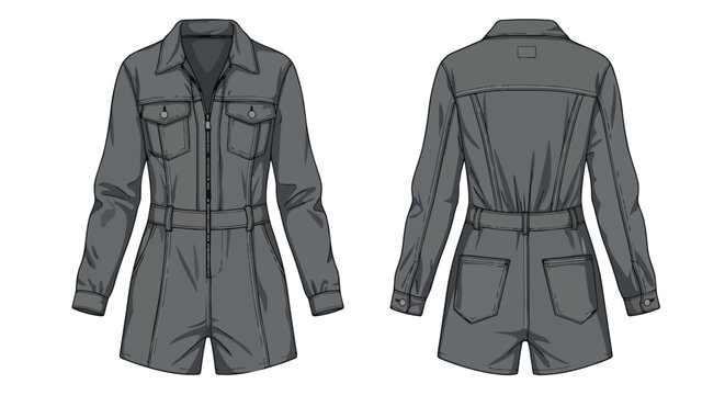 This detailed fashion illustration depicts a versatile women's utility-inspired short jumpsuit design perfect for casual wear and contemporary