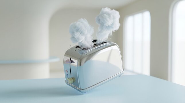 Whimsical Retro Chrome Toaster with Puffy White Clouds Popping Out - Cloud Computing Concept