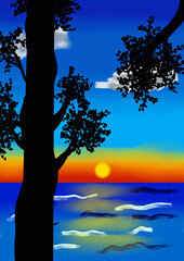 Fototapeta premium Sunset Beach with Silhouette Trees – Tropical Landscape Illustration