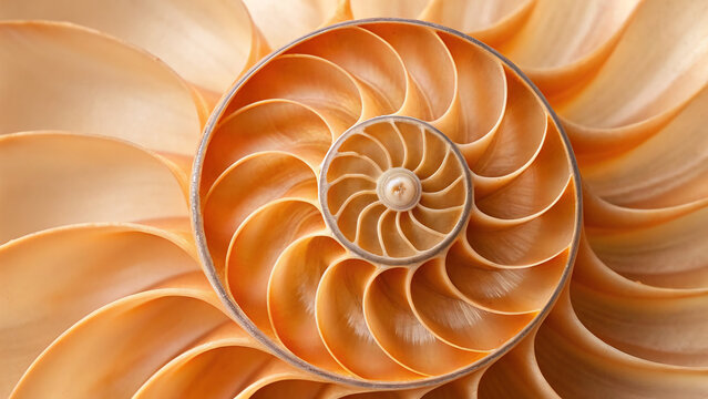 Spiral pattern of a nautilus shell with detailed curves and sections seen from the center to the outer layer