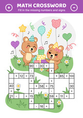 Obraz premium Math crossword. Bear. Addition, subtraction, multiplication, division. Fill in the missing numbers and signs. Solve the problem. Educational attention game for kids. Isolated vector illustration eps 1