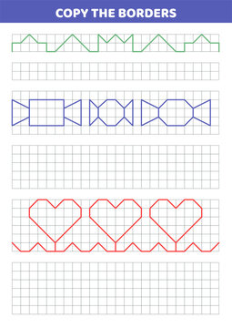 Copy graphic border by the cells. Draw by the cells. Educational activity for kids. Isolated vector illustration eps 10