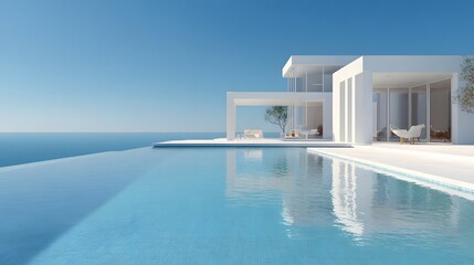 Fototapeta premium Luxury Modern White Villa with Infinity Pool Overlooking the Ocean.