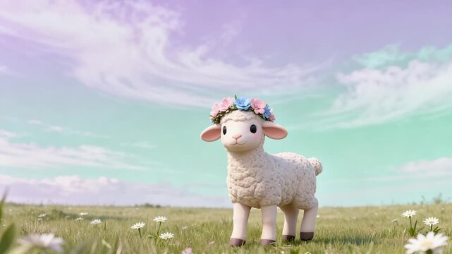 3d render of cute stylized lamb with floral crown in minimalist meadow for modern easter celebration concept