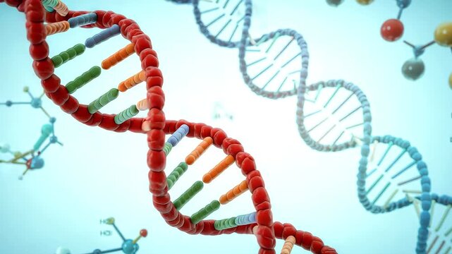 3 d animation of d n a double helix structure with molecular models floating in space